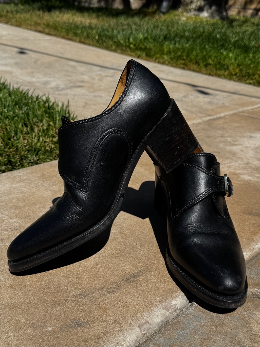 Black Leather Women's Heel Monk Strap Shoes